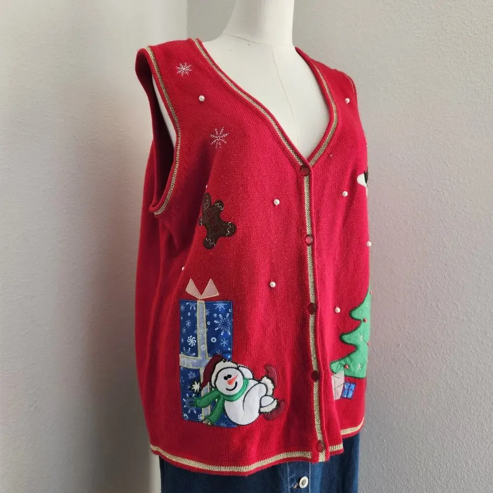 Vintage Y2K White Stag Red Knit Ugly Christmas Sweater Vest Holiday Theme L